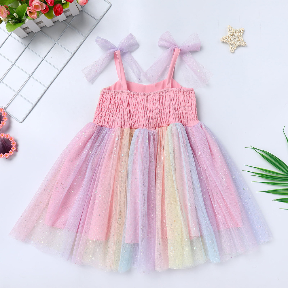 Flash Chip Rainbow Tulle Dress Girls Infant Summer Sweet Style Sweet Heart Neck Breathable Mesh Princess Dresses