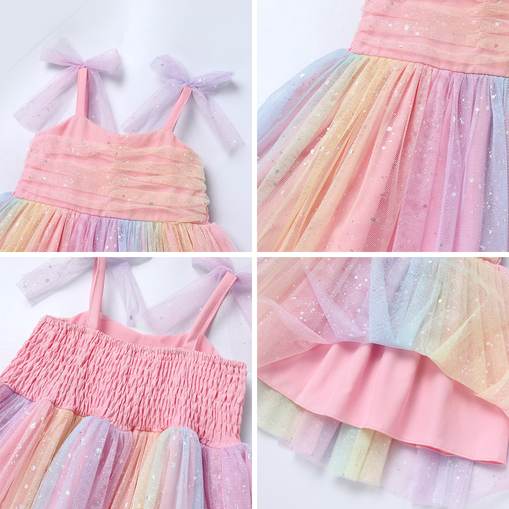 Flash Chip Rainbow Tulle Dress Girls Infant Summer Sweet Style Sweet Heart Neck Breathable Mesh Princess Dresses