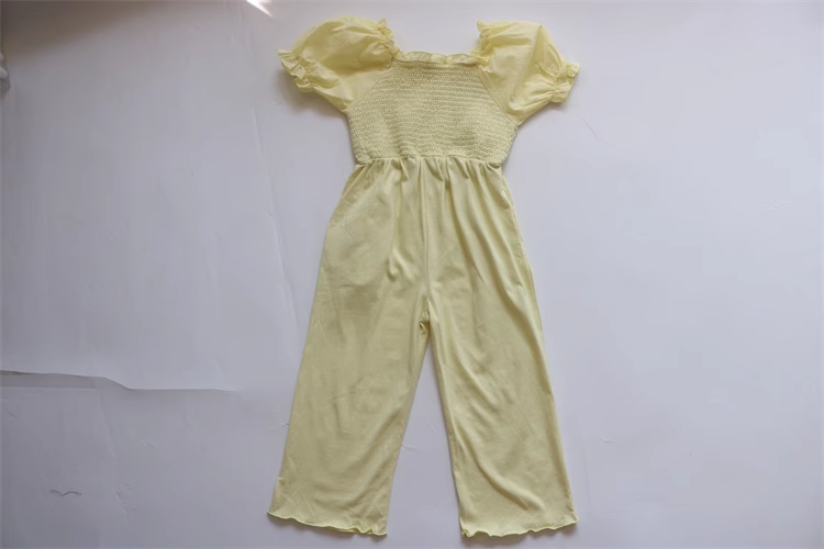 Summer Fashion Solid color wear baby girls fall shirred chiffon polyester short sleeve long pants kids romper jumpsuit Onesies