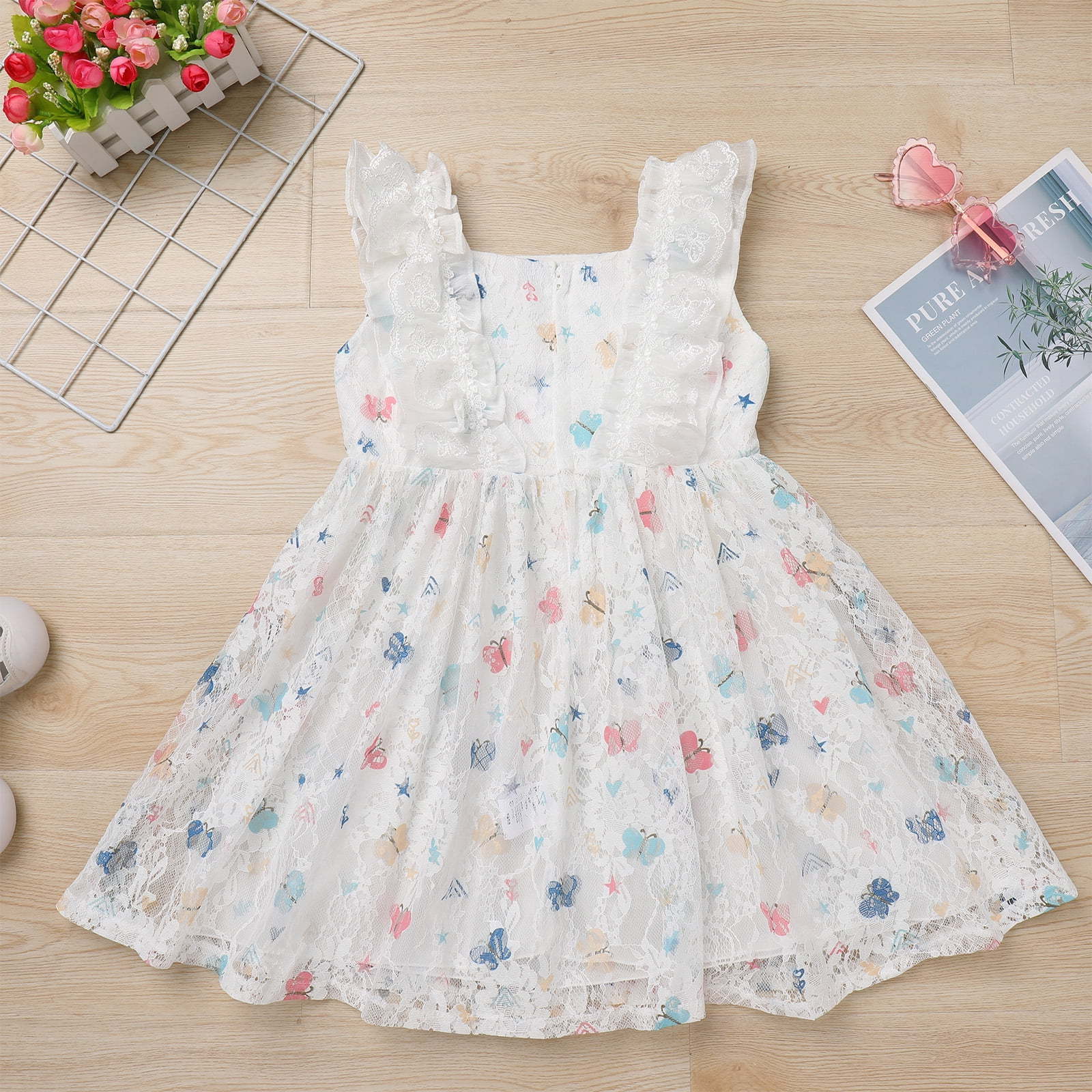 Butterfly Lace Tulle Midi Dresses Baby Girls Flutter Sleeve Square Neck 100% Cotton Casual Zipper Back Summer Dress