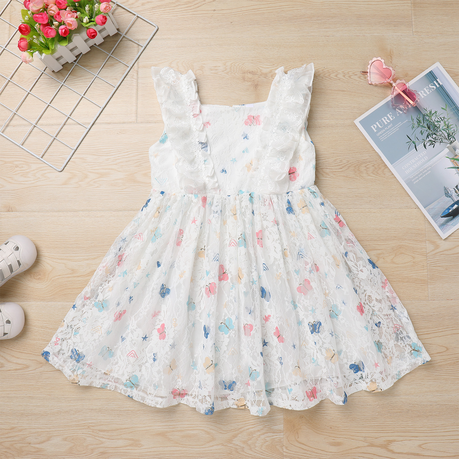 Butterfly Lace Tulle Midi Dresses Baby Girls Flutter Sleeve Square Neck 100% Cotton Casual Zipper Back Summer Dress