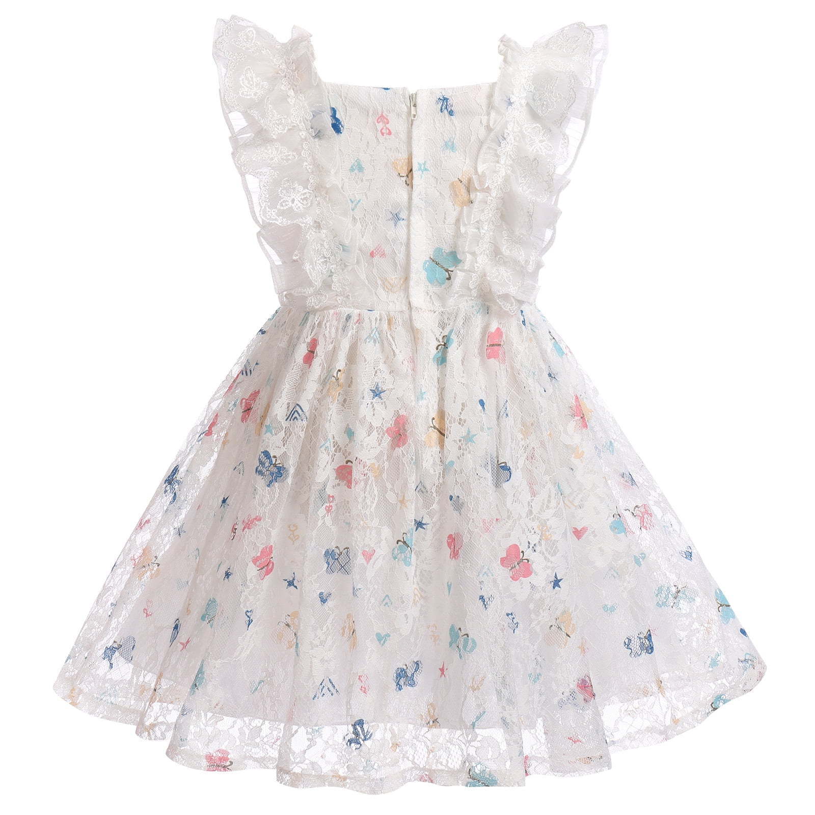 Butterfly Lace Tulle Midi Dresses Baby Girls Flutter Sleeve Square Neck 100% Cotton Casual Zipper Back Summer Dress