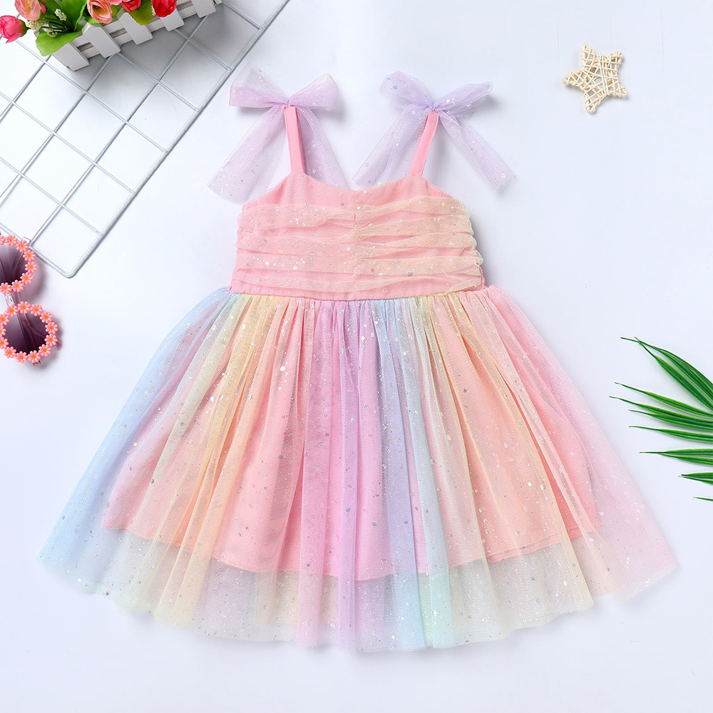 Flash Chip Rainbow Tulle Dress Girls Infant Summer Sweet Style Sweet Heart Neck Breathable Mesh Princess Dresses