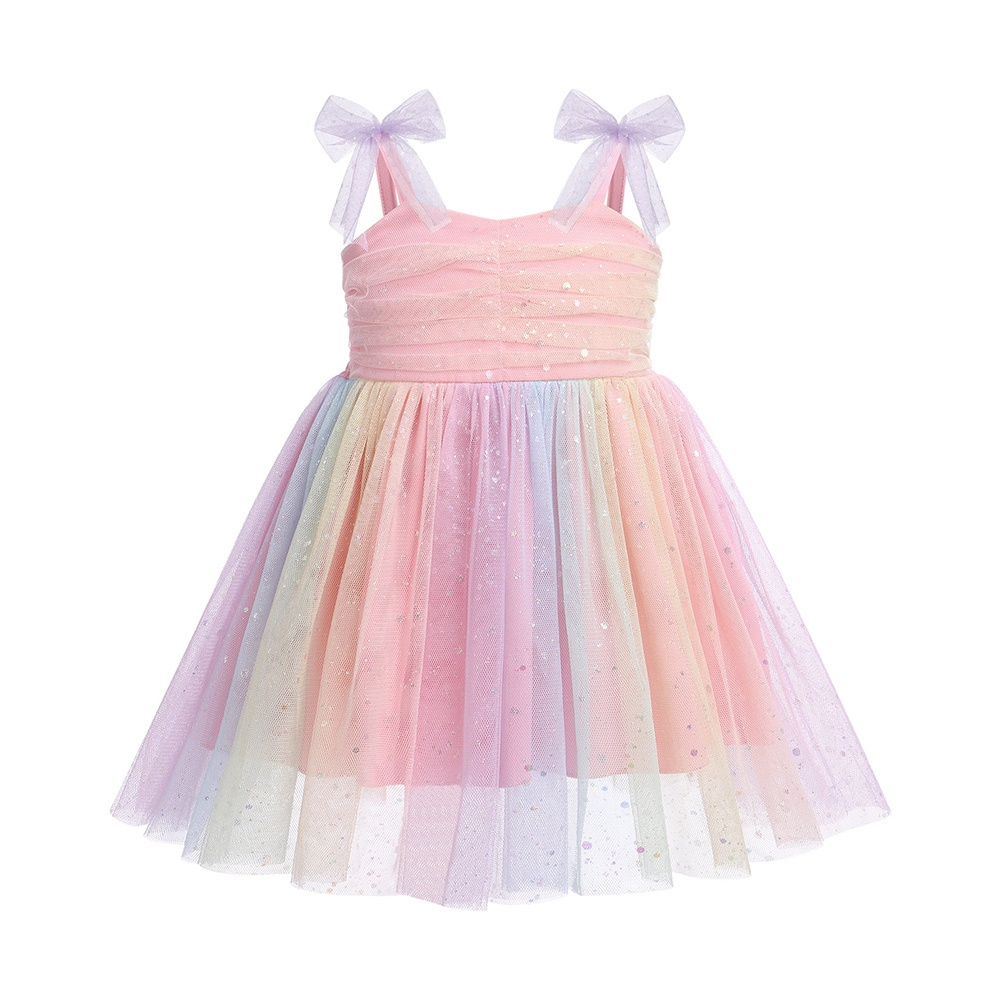 Flash Chip Rainbow Tulle Dress Girls Infant Summer Sweet Style Sweet Heart Neck Breathable Mesh Princess Dresses