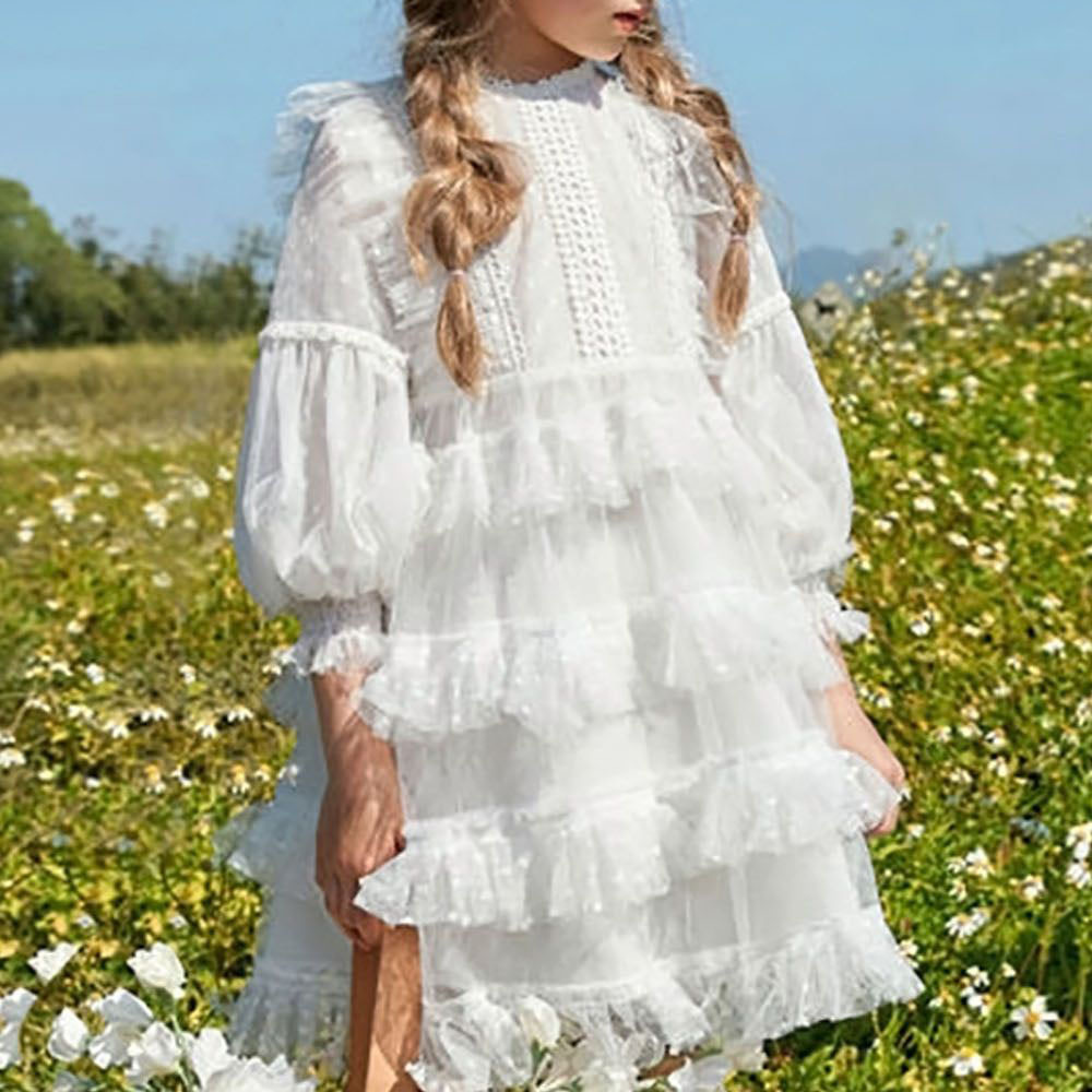 Long Sleeve White Lace Summer Elegant Birthday Party Dress Casual Princess Frock Little Girl Outfit Customized Hot Sale Dresses