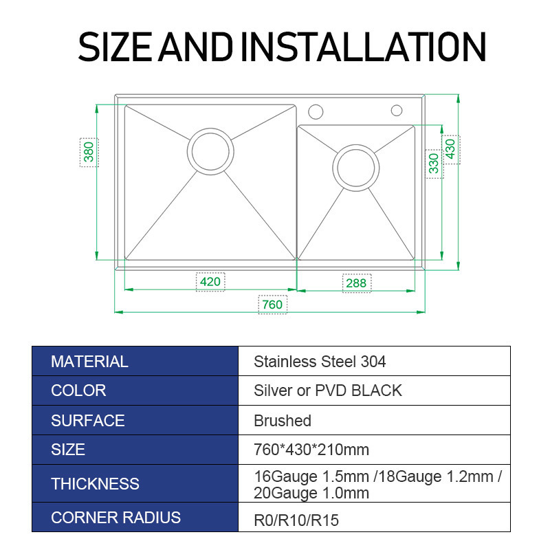 SUS304 Stainless Steel Top Mount Double Bowl Handmade Kitchen Sink (R0 R10 R15)