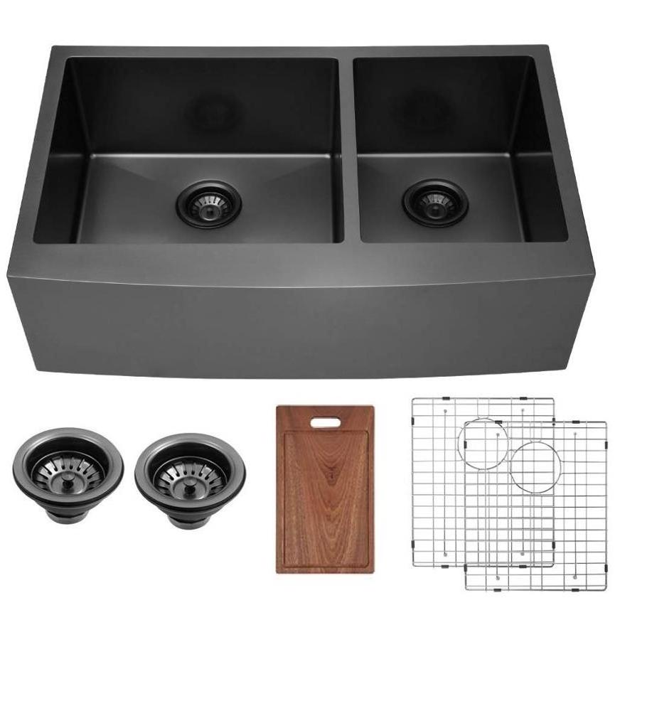 33 Inch Farmhouse Double Bowl Kitchen Sink Apron Front Matte Black Deep 60/40 16 Gauge Stainless Steel Farm Sink