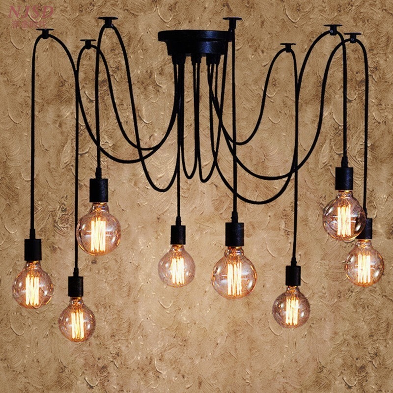 Retro Style Edison Bulb Iron Multi Arms Industrial Multiple heads Loft Black Spider Lighting Chandelier Vintage Pendant Indoor