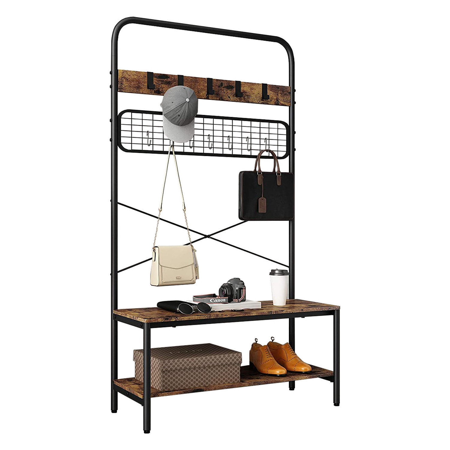 Wooden Entryway Clothes Hanger Stands Wooden Metal Hall Tree Coat Rack Standing Coat Racks with Storage Bench Shelf