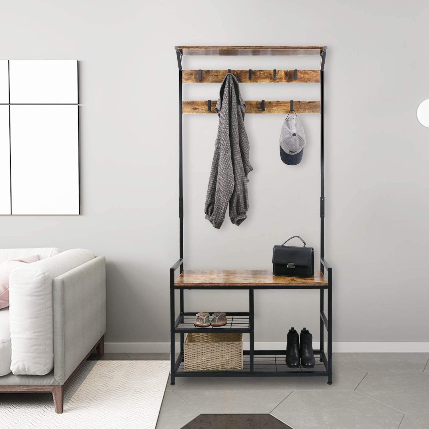 Coat Rack Shoe Portable With Bench Hall Tree with Hooks Clothes Hanger Stand Coat Racks Entryway Wooden Look Accent