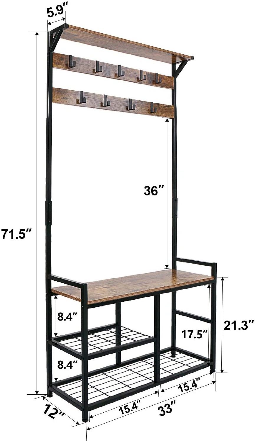 Coat Rack Shoe Portable With Bench Hall Tree with Hooks Clothes Hanger Stand Coat Racks Entryway Wooden Look Accent