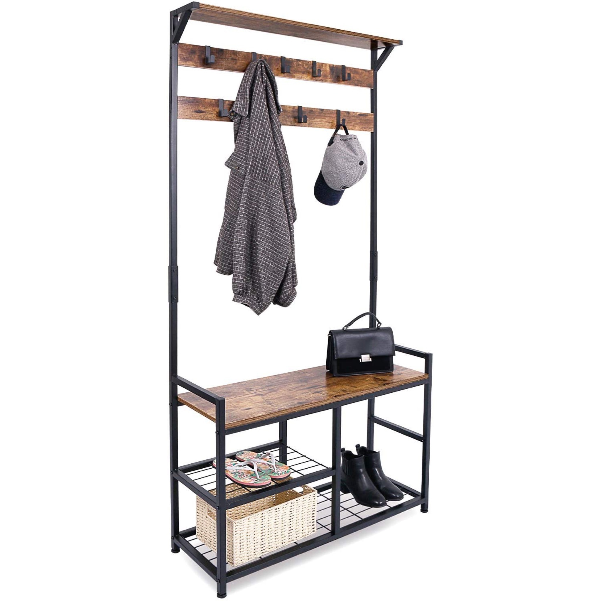 Coat Rack Shoe Portable With Bench Hall Tree with Hooks Clothes Hanger Stand Coat Racks Entryway Wooden Look Accent