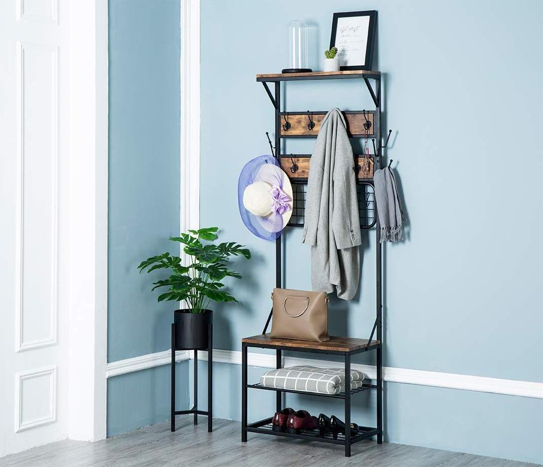 Portable Coat Rack Wooden Hall Tree Entryway Shoe Bench Storage Shelf Clothes Hanger Stand Cloth Rack with Steel Frame