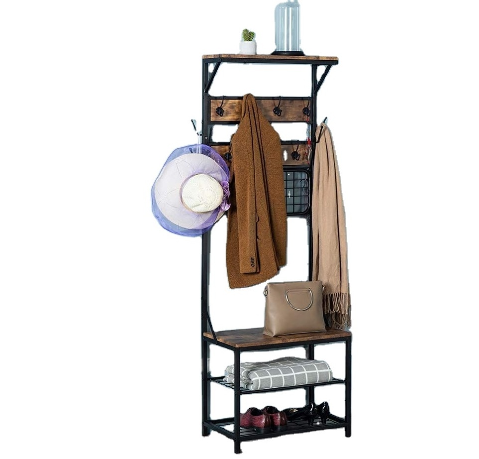 Portable Coat Rack Wooden Hall Tree Entryway Shoe Bench Storage Shelf Clothes Hanger Stand Cloth Rack with Steel Frame