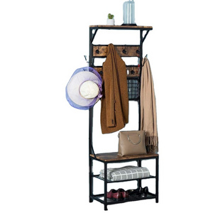 Portable Coat Rack Wooden Hall Tree Entryway Shoe Bench Storage Shelf Clothes Hanger Stand Cloth Rack with Steel Frame