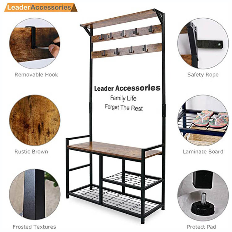 Factory Direct Sale Entryway Furniture Storage Holders Stand Hallway Industrial Coat Racks with Shoe Stand Knocked Down Antique