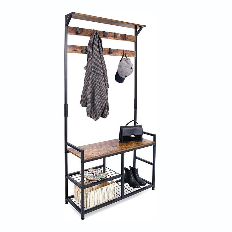 Factory Direct Sale Entryway Furniture Storage Holders Stand Hallway Industrial Coat Racks with Shoe Stand Knocked Down Antique