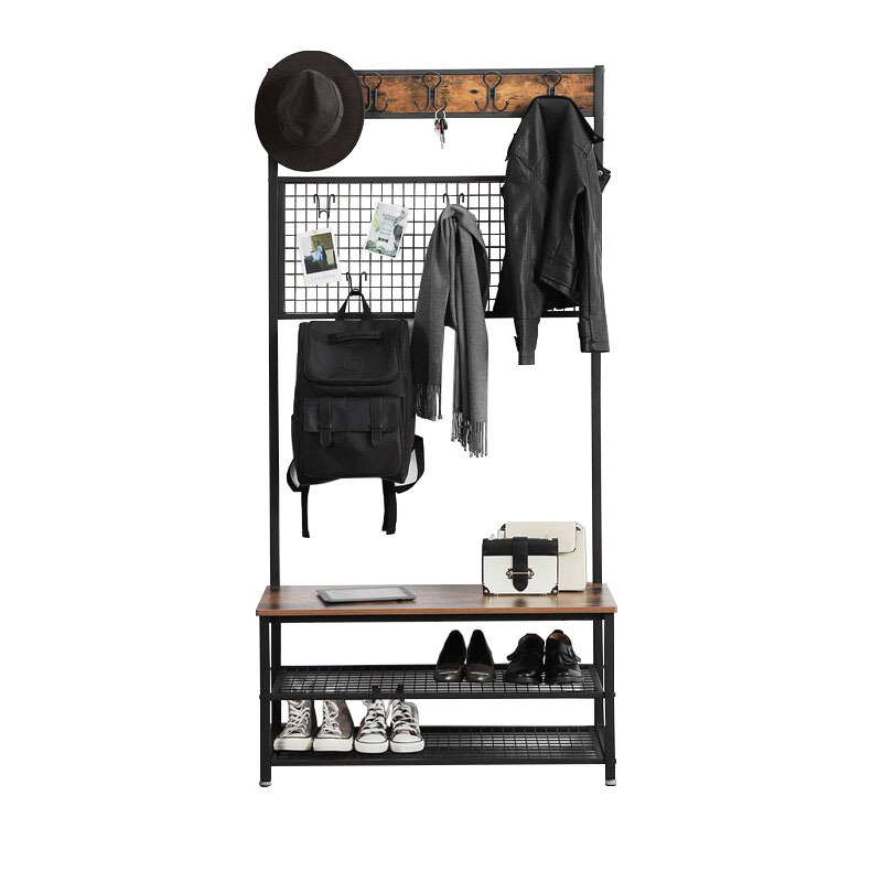 Modern Style Wooden Clothes Shoes Hanger Rack Bench Home Furniture Hall Tree Stands Coat Racks Storage Standing with Metal Frame