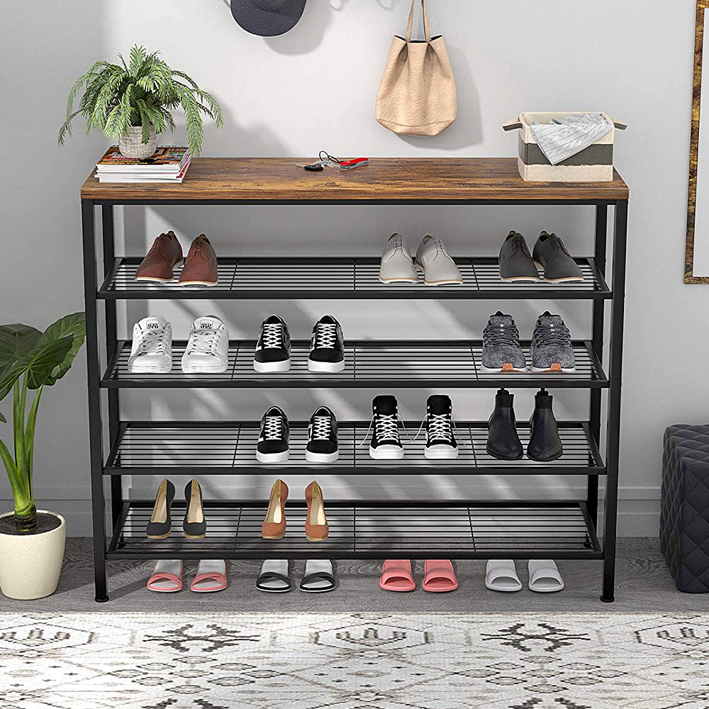 Morden Industrial Style Shoe Racks with Metal Frame and Wooden Bench Home Office Storage Shelf