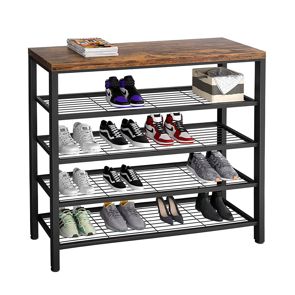 Morden Industrial Style Shoe Racks with Metal Frame and Wooden Bench Home Office Storage Shelf