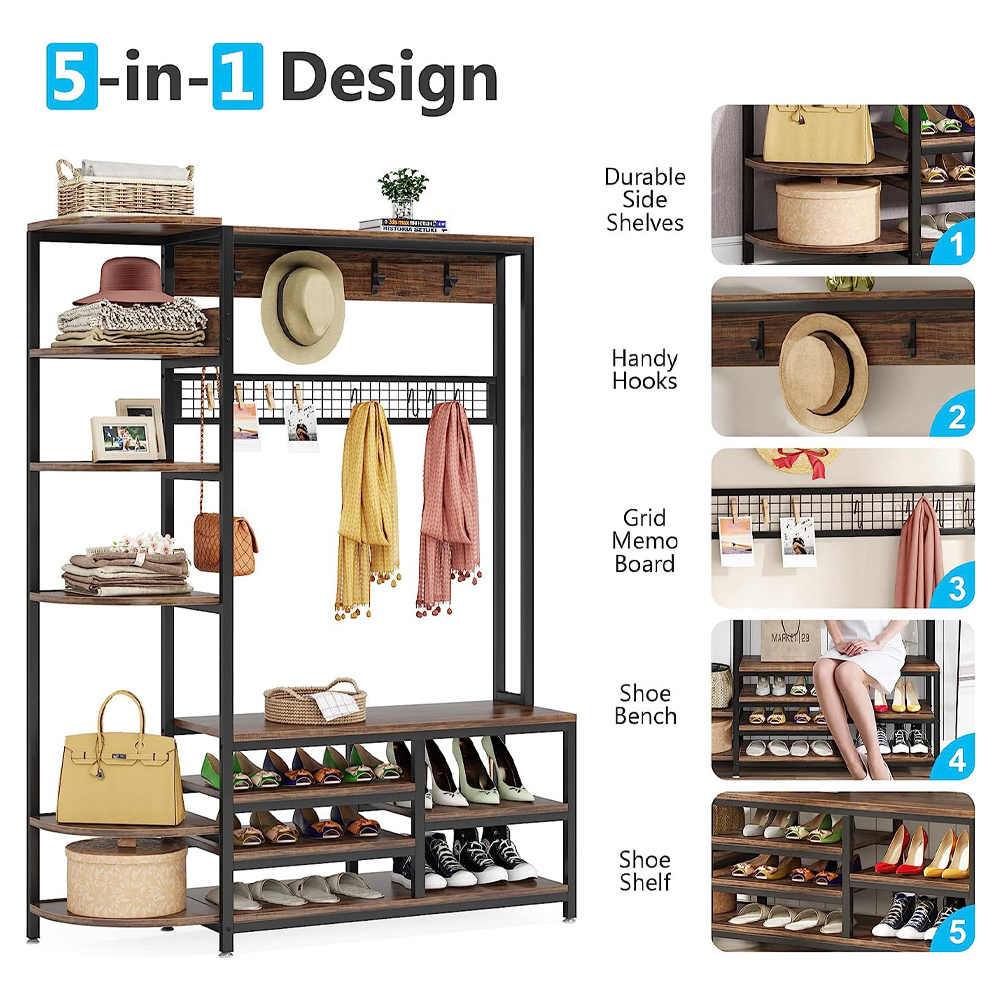 Factory Modern Multilayer Wood Shelf Clothes Shoes Storage Bench Hanger Home Office Furniture Wooden Entryway Coat Rack Standing