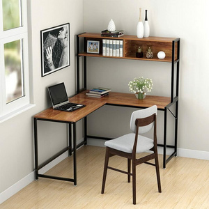 Factory Wooden L Shaped PC Desks Escritorio Metal Frame Office Home Living Room Furniture Corner Computer Table With Shelves