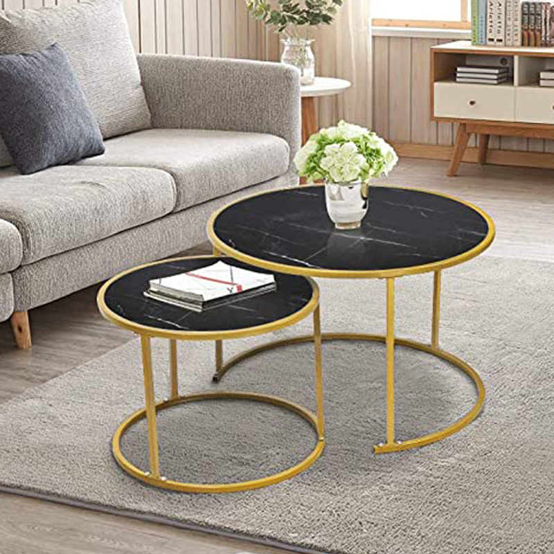 Luxury Round Coffee Side Desk Top Circular Coffee Table Sets Shagreen Ethiopian Detail Marble China Home Office Black Golden