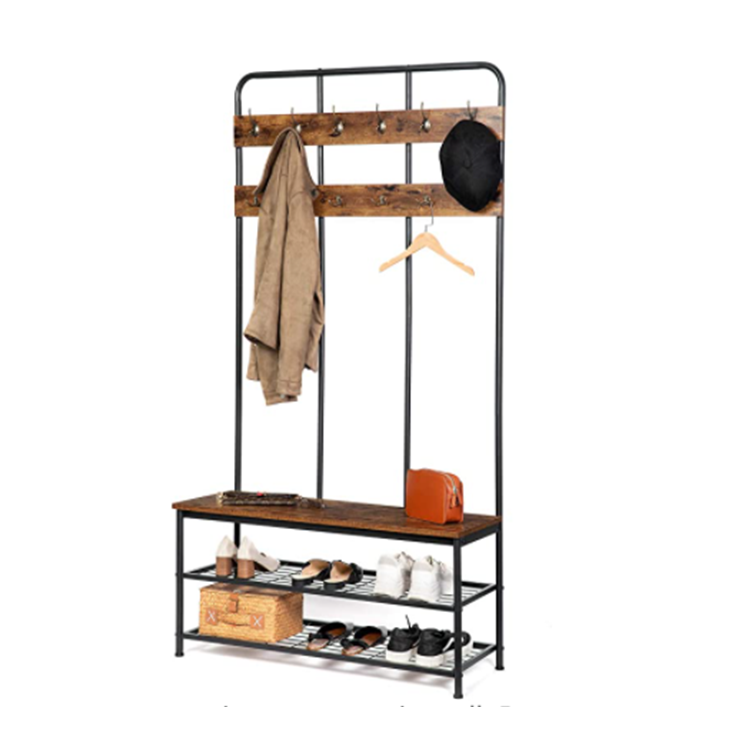 Simple Style Entryway Clothes Stand Shoe Rack Coat Corner Shelf Living Room Furniture Standing Hanger with Bench and Hooks