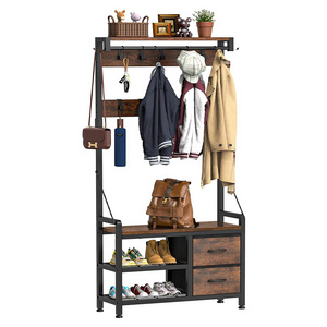 Factory Wooden Multilayer Shelf Clothes Shoes Hanger Home Office Furniture Wood Entryway Stand Coat Rack with Drawer