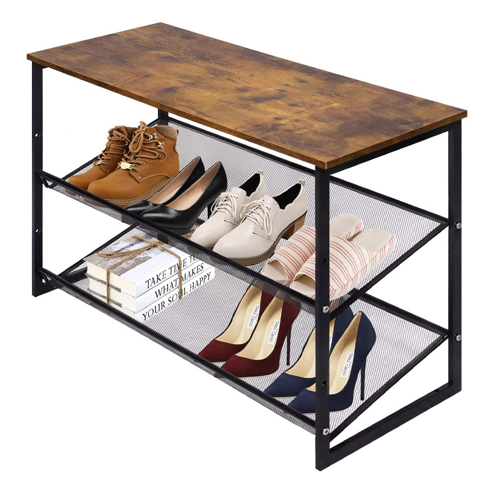 Modern Wooden Shoe Rack Home Cabinet Hallway Shoe Stool Shoe Storage Bench With Metal Frame