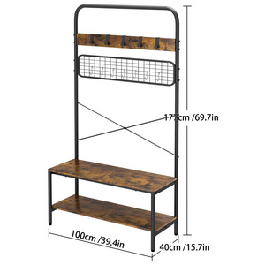 Wooden Entryway Clothes Hanger Stands Wooden Metal Hall Tree Coat Rack Standing Coat Racks with Storage Bench Shelf