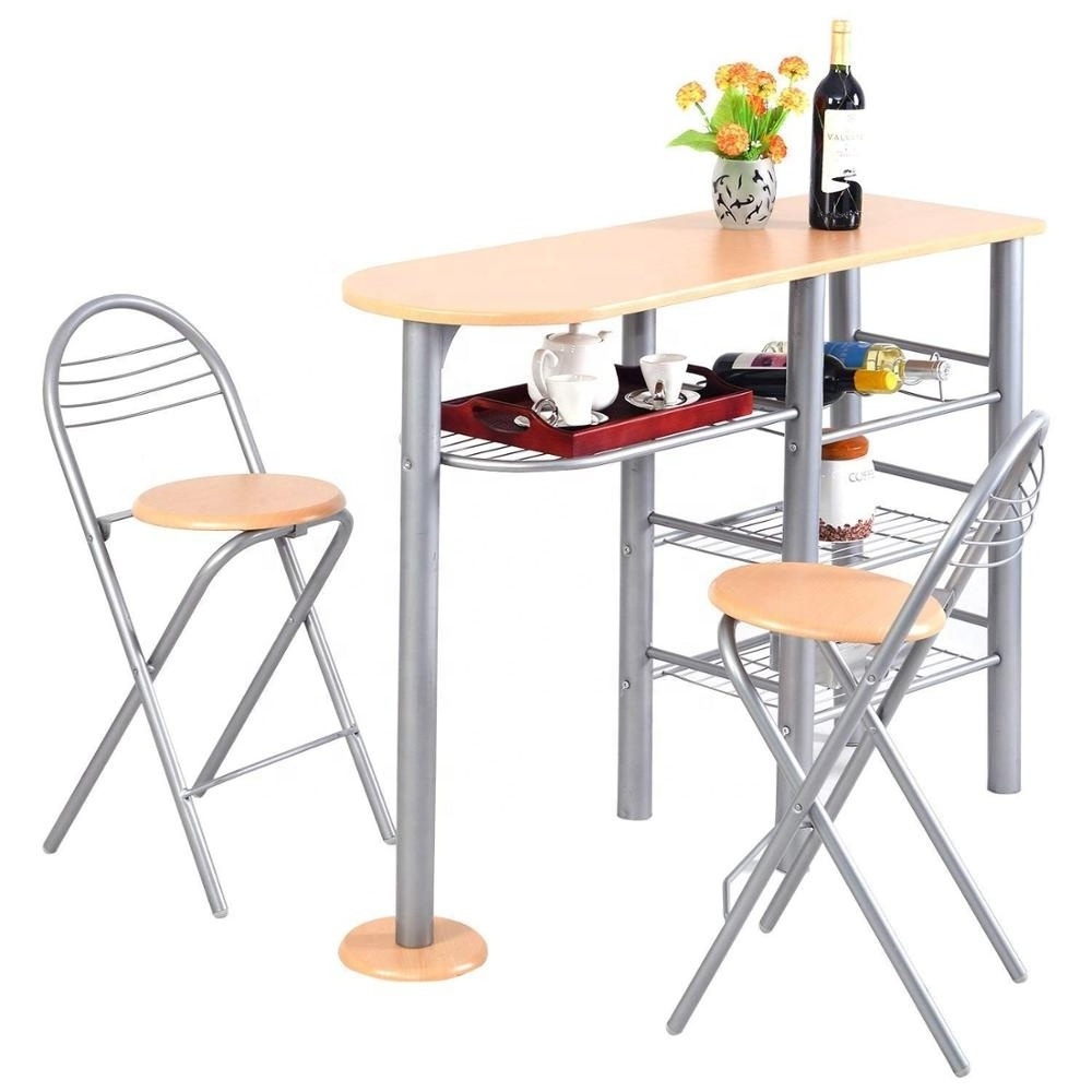 3 Piece wood Dining table Set with Metal Storage Shelves with Wine Rack Design with 2 Folding Chairs for Easy Storage