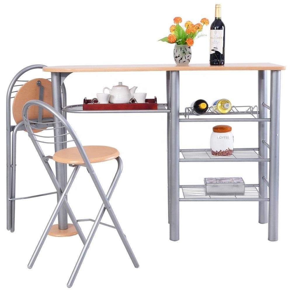 3 Piece wood Dining table Set with Metal Storage Shelves with Wine Rack Design with 2 Folding Chairs for Easy Storage