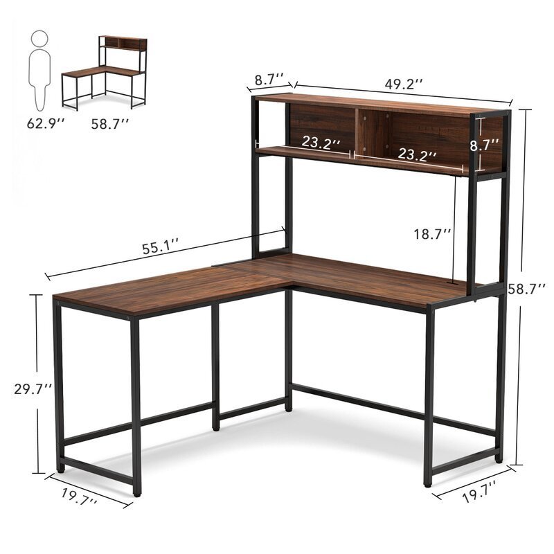 Factory Wooden L Shaped PC Desks Escritorio Metal Frame Office Home Living Room Furniture Corner Computer Table With Shelves