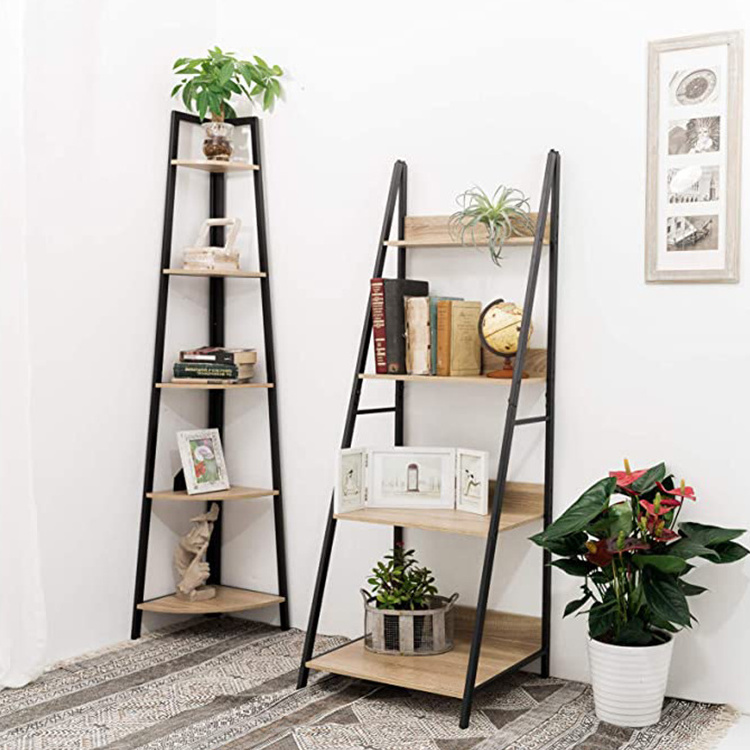 Corner Shelf Storage Shelf Living Room Design Library Furniture 5 Tiers Wood Modern Customized Home Iron Bookshelf