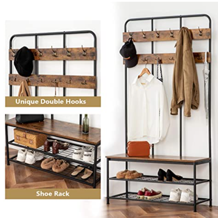 Simple Style Entryway Clothes Stand Shoe Rack Coat Corner Shelf Living Room Furniture Standing Hanger with Bench and Hooks