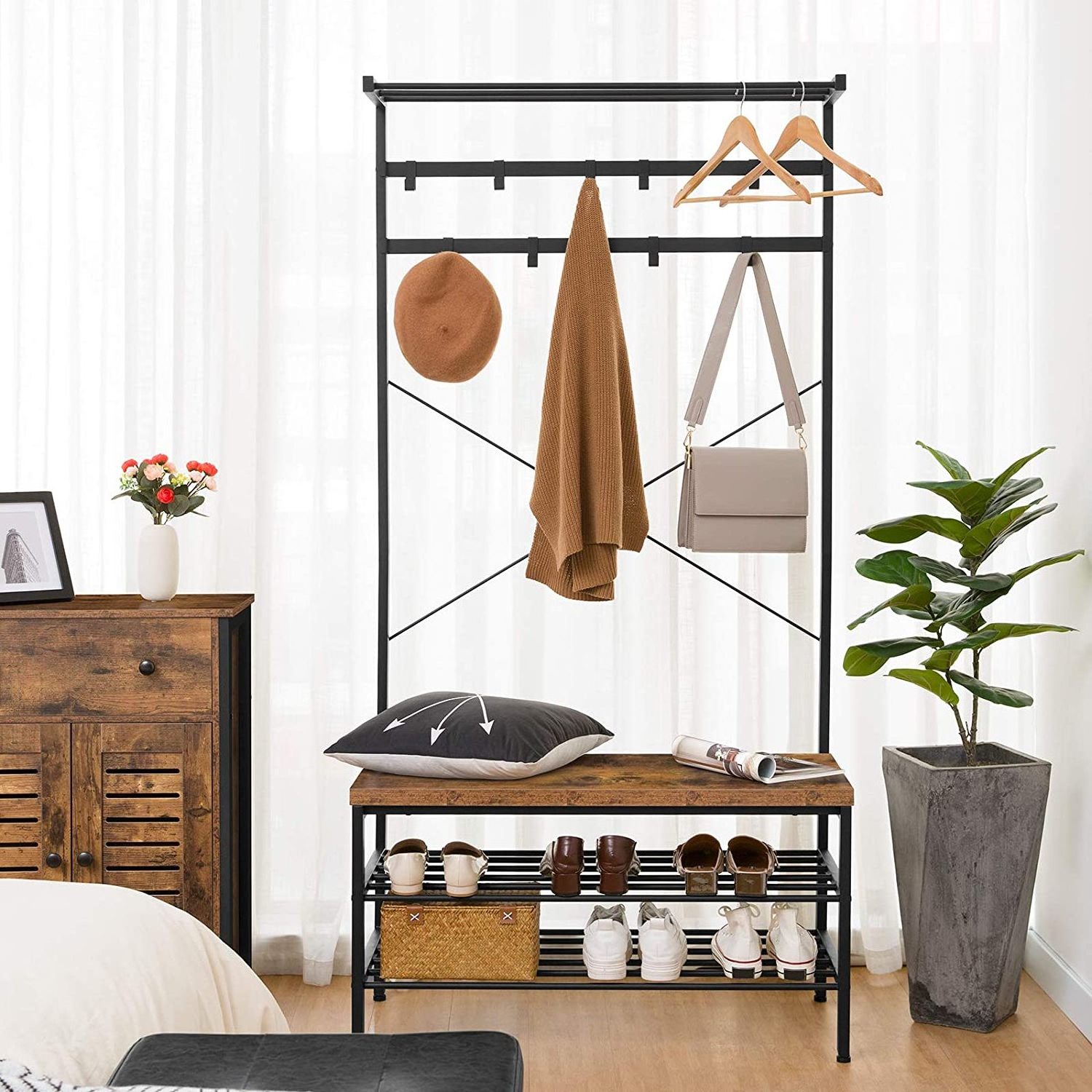 Wholesale Wooden Hall Tree Clothes Shoes Shelf Home Furniture Modern Entryway Shoe Coats Racks Metal Stands with Bench