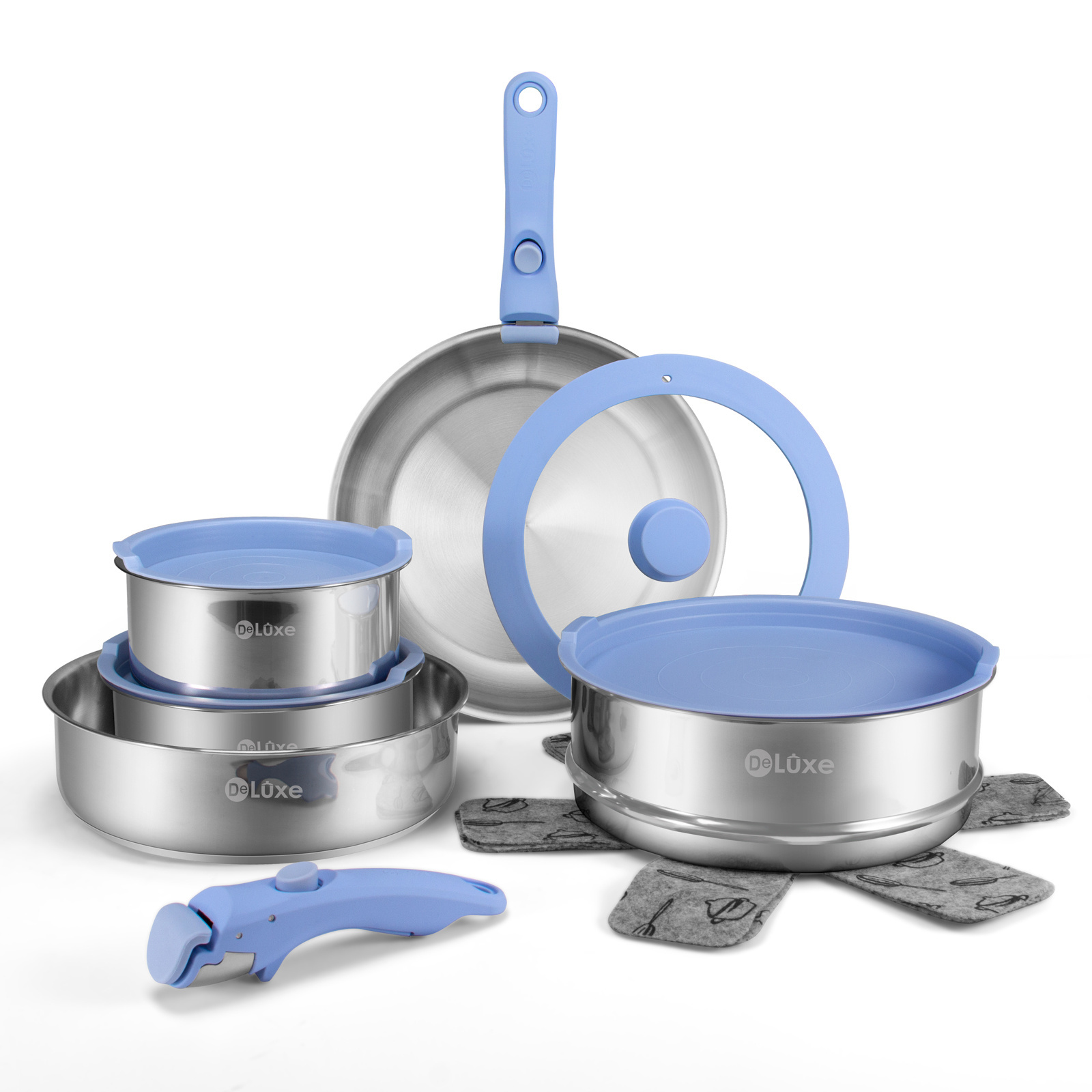 Blue detachable handle pots and pans with removable handle cookware set