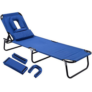 Folding Adjustable Sunbathing Chair Beach Chaise Lounge with Tan Face Cavity