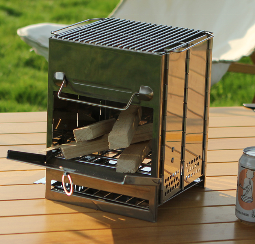 DELUXE Outdoor Portable Wood Stove Camping Mini Folding Stove Stainless Steel BBQ Simple Wood Stove Grill