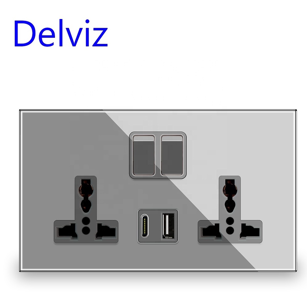 Delviz Switch control USB Wall Socket, 5V USB Ports Crystal glass Universal Dual Power Outlet, 18W 3A Quick charge Type c Socket