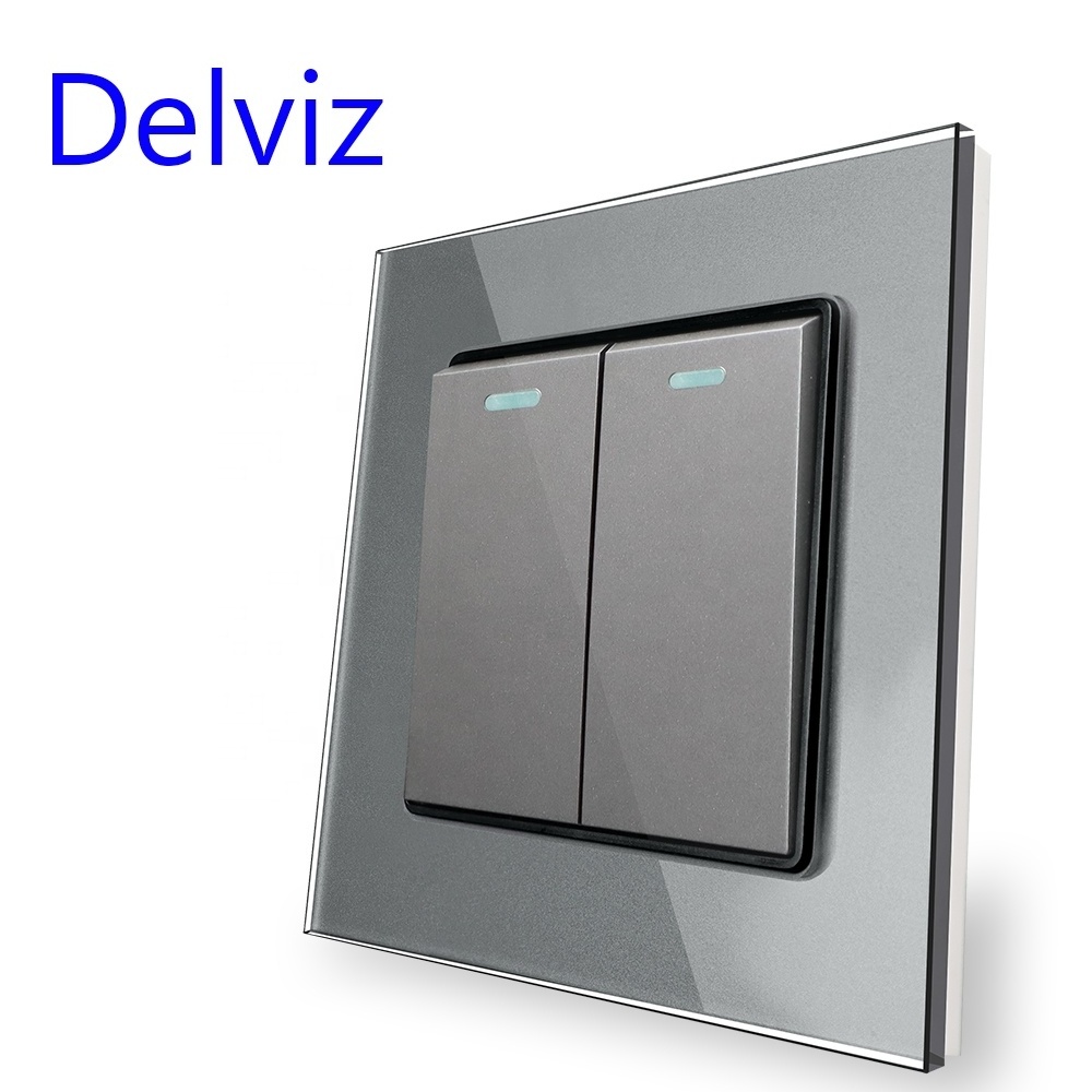 Delviz Toughened Crystal Glass Switch Panel, AC 110V~250V Square 16A Power controller, 2 Gang 2 Way Push Button Wall Lamp Switch