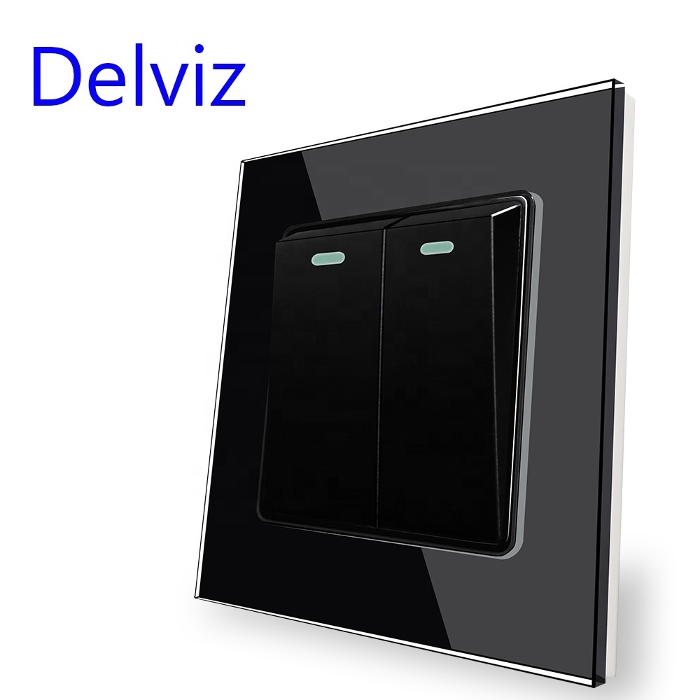 Delviz Toughened Crystal Glass Switch Panel, AC 110V~250V Square 16A Power controller, 2 Gang 2 Way Push Button Wall Lamp Switch