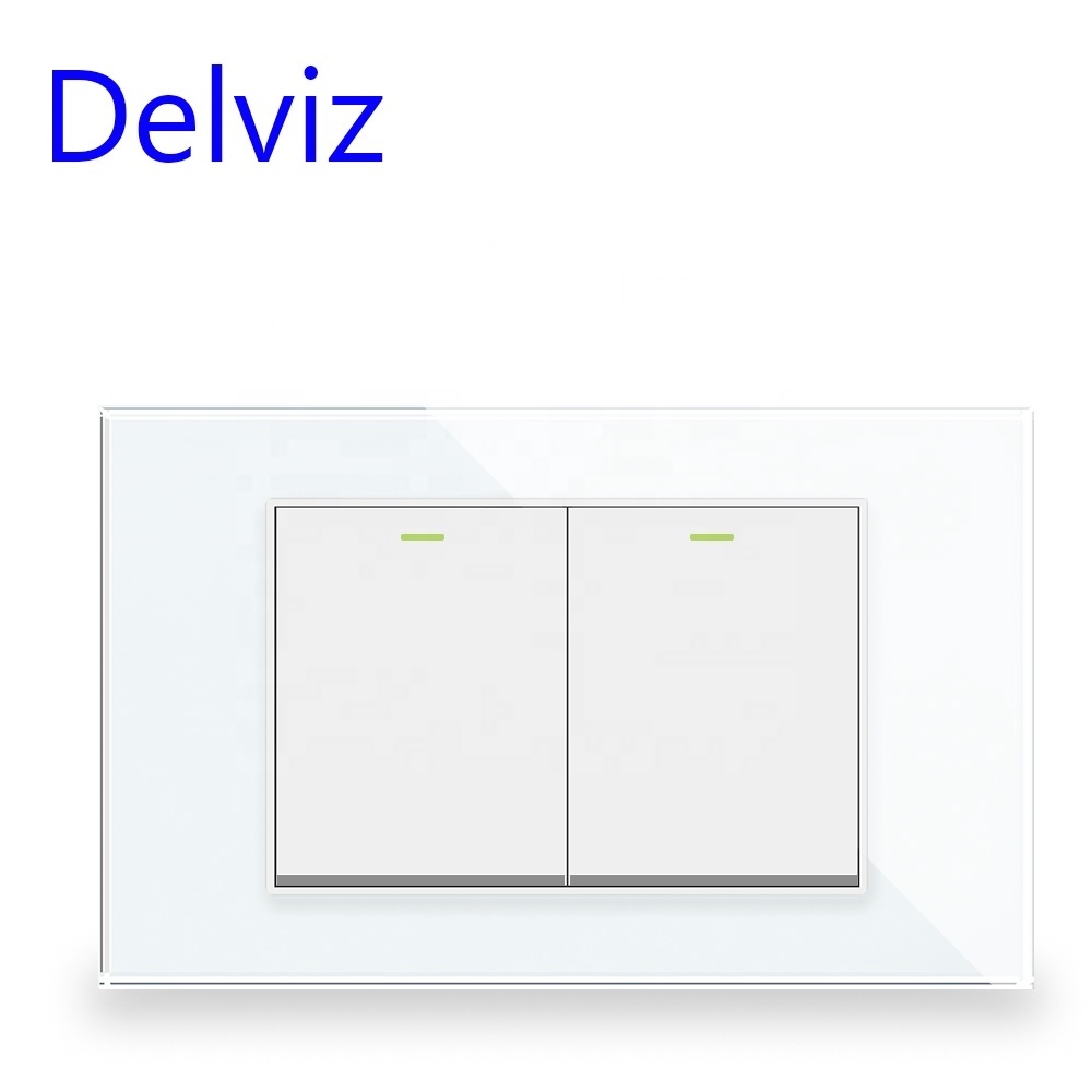 Delviz 120mm*72mm Crystal Glass US BR Switch Panel, AC 110V~250V 16A Power controller, 2 Gang 2 Way Push Button Wall Lamp Switch