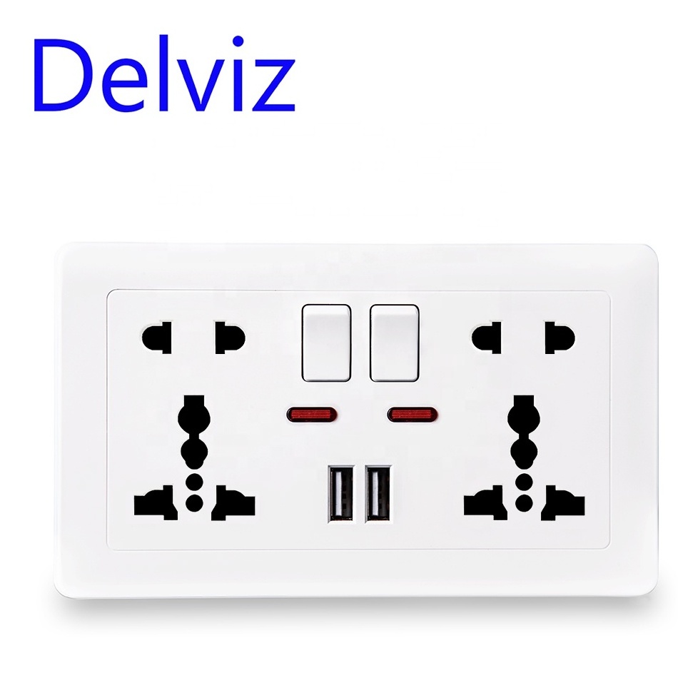 Delviz Power supply outlet, Push button control, LED indicator, USB Charger Port plugs sockets, Universal Double USB Wall Socket