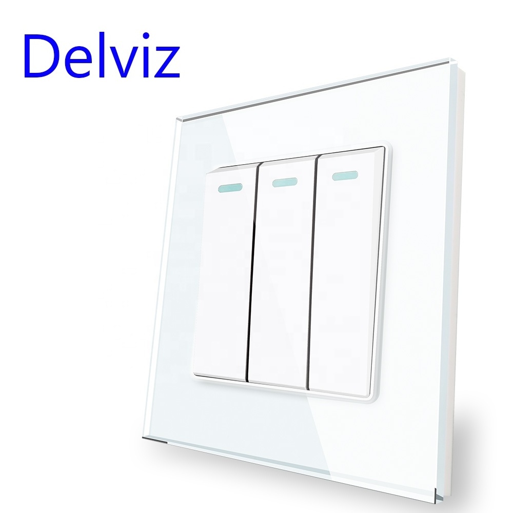 Delviz Toughened Crystal Switch Panel, AC 110V~250V Square 16A Power controller,Glass 3 Gang 2 Way Push Button Wall Light Switch