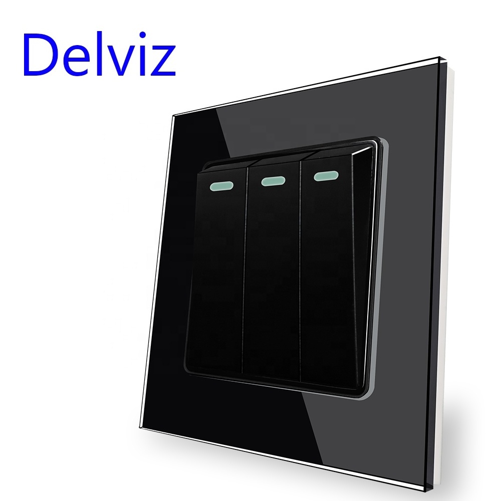 Delviz Toughened Crystal Switch Panel, AC 110V~250V Square 16A Power controller,Glass 3 Gang 2 Way Push Button Wall Light Switch