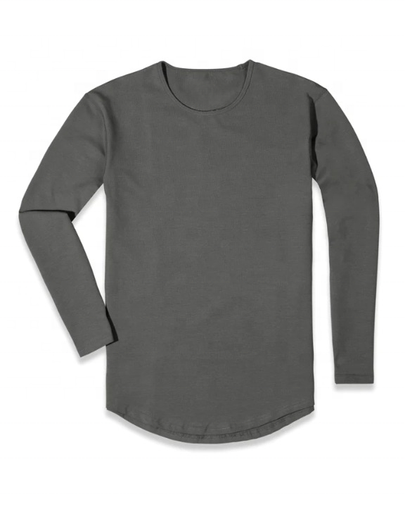 Longline 100%Cotton Bamboo Fiber T Shirt Long Sleeve Curve Hem Front Back Tail Style Gym Workout Compression Sport Men's T shirt