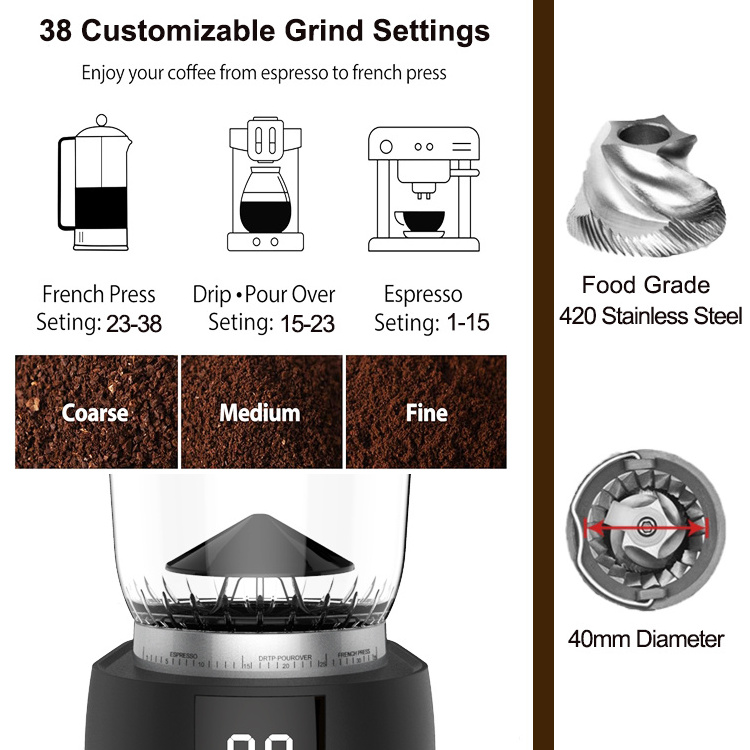 Electric coffee grinder for beans 38 settings coffee bean grinder home office use espresso grinder with conical burr