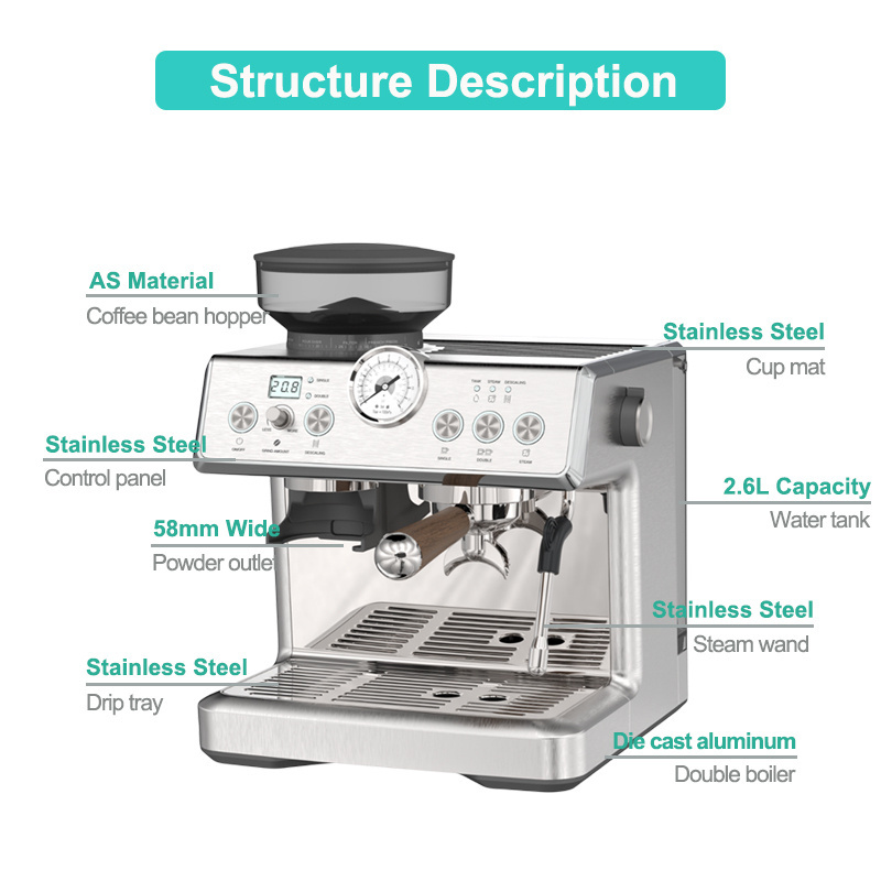 Italian Style Double Boiler 58mm Three In One Expresso Machine With Coffee Beans Grinder PID ULKA Coffee Maker